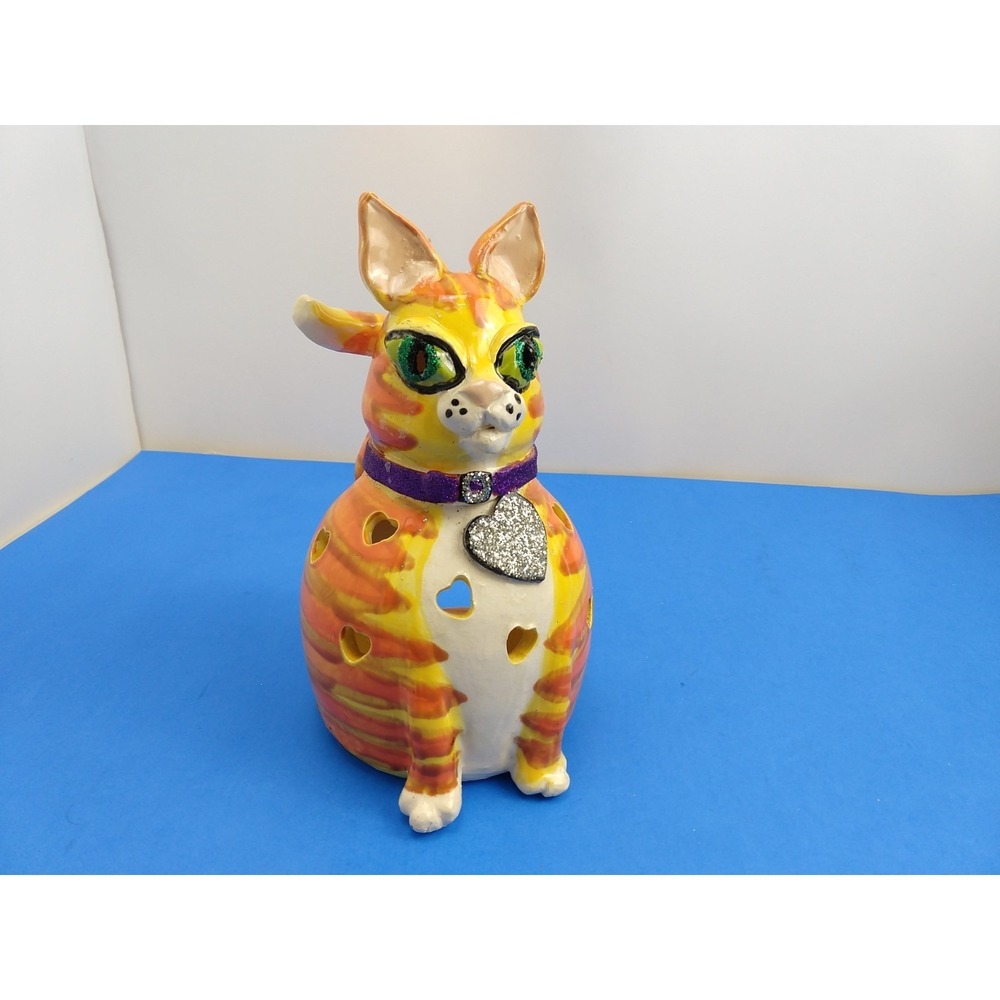 Folk Art Orange Tabby Cat Ceramic Sculpture Votive Candle Holder JP